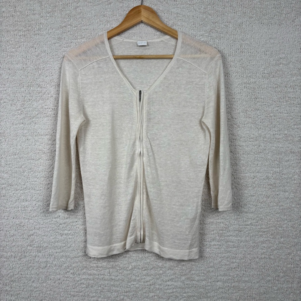 Poetry Cardigan‎ Womens 2 Beige Linen Long Sleeve Front Zip Semi Sheer Sweater